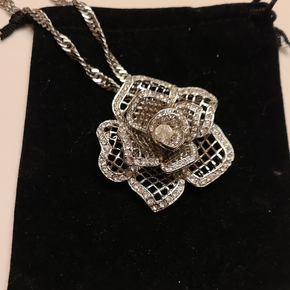 White House Black Market Silver Rose Pendant/Brooch Necklace Long